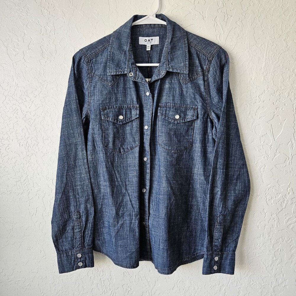 OAT New York denim Chambray Button Up Shirt SZ XS pearl snaps cowboy boho Work